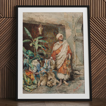 Figure of a Moor - Carlo Ascenzi Art Print / Canvas Black Framed Watercolor Painting Man Sheep, Echo Clings, Ochre Walls Prints