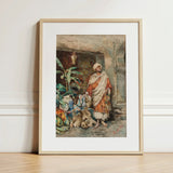 Figure of a Moor - Carlo Ascenzi Art Print / Canvas Framed Watercolor Painting Man Traditional Attire Colorful Textiles, Echo Clings, Ochre