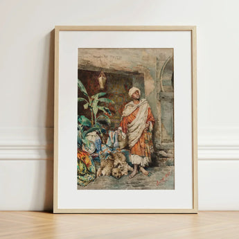 Figure of a Moor - Carlo Ascenzi Art Print / Canvas Framed Watercolor Painting Man Traditional Attire Colorful Textiles, Echo Clings, Ochre