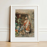 Figure of a Moor - Carlo Ascenzi Art Print / Canvas Framed Watercolor Painting Man Traditional Attire Colorful Textiles, Echo Clings, Ochre