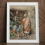 Figure of a Moor - Carlo Ascenzi Art Print / Canvas White Framed Watercolor Painting Man Sheep Plants, Echo Clings, Ochre Walls Prints