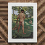 Fisherman with a Net - Frederic Bazille Fine Art Print / Canvas White Framed Painting Nude Man Outdoors Scene, Pagan Fragment, Raw