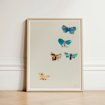Framed Artwork Five Colorful Watercolor-style Butterflies Light Beige Odilon Redon, Invisible Aria