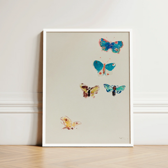 Framed Artwork Five Colorful Hand-painted Butterflies Blue Teal Odilon Redon, Invisible Aria