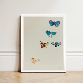 Framed Artwork Five Colorful Hand-painted Butterflies Muted Beige Odilon Redon, Invisible Aria