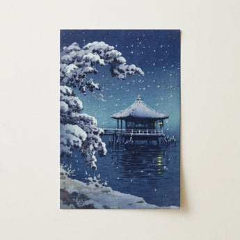Serene Blue-toned Japanese-style Pavilion Snowy Night Depicted Artistic Art Print, Floating, Snow, Opens, Lake Biwa, Tsuchiya Koitsu,
