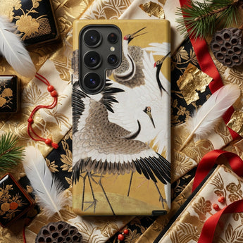 Flock of Cranes - Ishida Yutei Edo Art Phone Case Gold-toned Phone Case Detailed Illustration White Gray Cranes Ishida Yūtei’s Flock,
