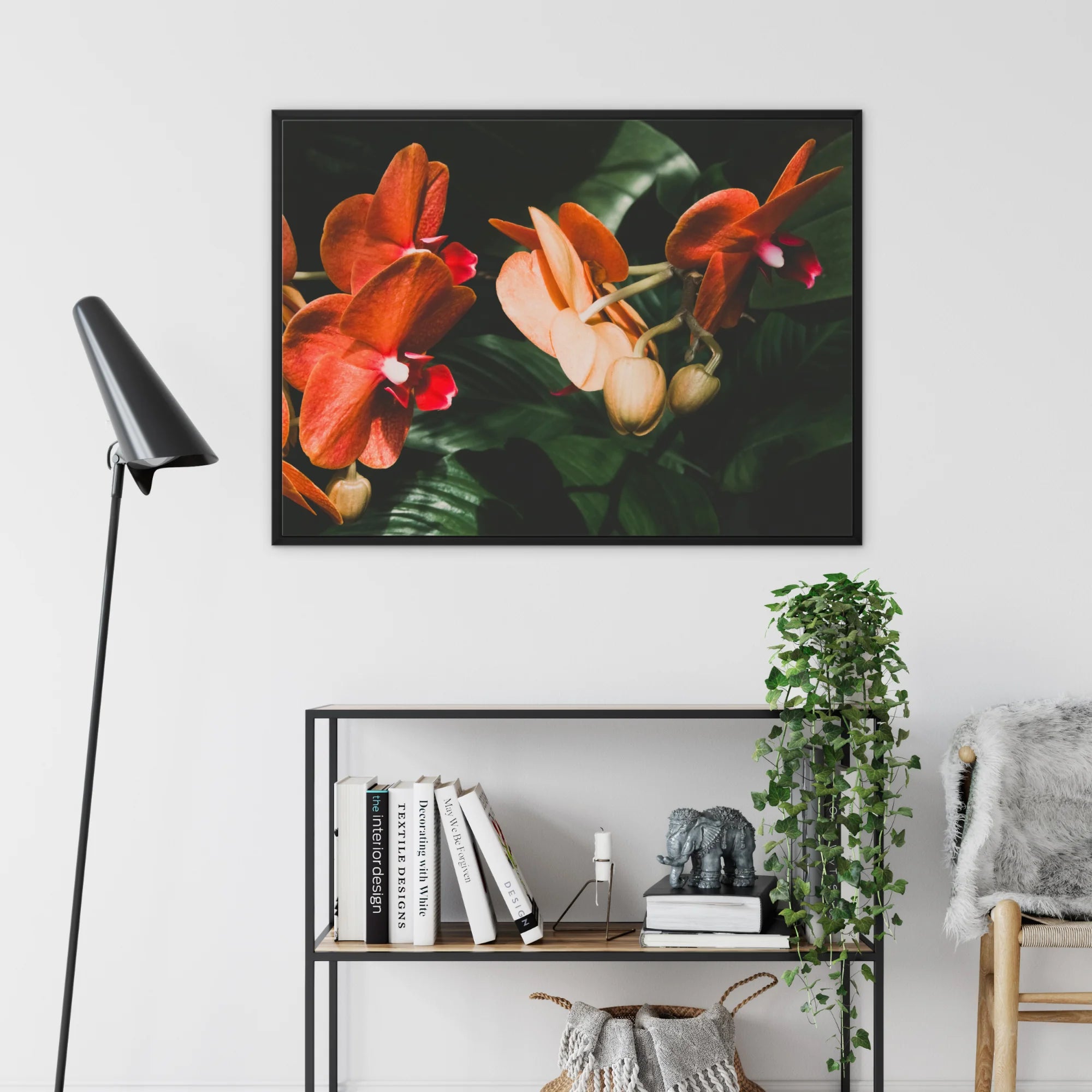 Floral Coral - Phalaenopsis Orchid Framed Canvas, Framed Photograph Vibrant Orange Orchids Dark Foliage