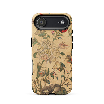 Floral Fantasy of Animals and Birds Phone Case Iphone 17 Air / Matte Vintage Floral Mouse-patterned Phone Case Beige Background Black
