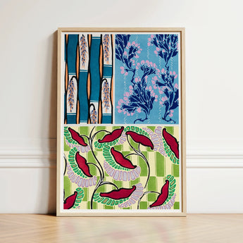 Framed Artwork Vibrant Stylized Botanical Design Teal Orange Art Print, Coloris Nouveaux, Nouveau