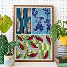 Floréal-dessins & Coloris Nouveaux - E.a. Séguy Art Print, Framed Artwork Botanical Prints Blue Bamboo Stalks Red