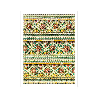 Flower Beds - Floral Thai Temple Mosaic Art Print / Canvas Decorative Pattern Horizontal Stripes Brown Flowers Green Aesthetics, Prints