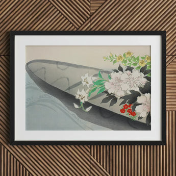 Flower Boat - Kamisaka Sekka Art Print / Canvas Black Framed Artwork Floral Design Gray Background Charts, Tiger Lilies Arched, Ceremonial