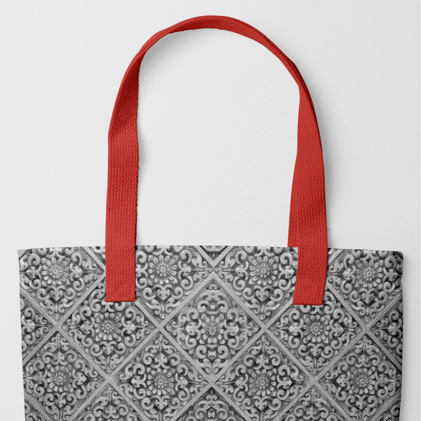Flower Maze Tote - Black And White - Heavy Duty Reusable Grocery Bag - Red Handles - Shopping Totes - Aesthetic Art