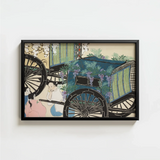 Black-framed Artwork Vintage Carriage Adorned Blue Green Floral Kamisaka Sekka, Momoyogusa Woodblock, Meiji-era Gem Blending