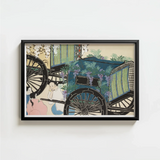 Black-framed Artwork Blue Carriage Adorned Green Foliage Purple Kamisaka Sekka, Momoyogusa Woodblock, Meiji-era Gem Blending