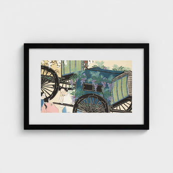 Flower Wagon - Kamisaka Sekka Woodblock Art Print / Canvas Framed Artwork Blue Carriage Black Wheels Purple Wisteria, Momoyogusa, Meiji-era