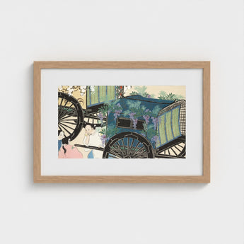 Flower Wagon - Kamisaka Sekka Woodblock Art Print / Canvas Framed Artwork Vintage Carriage Adorned Purple Wisteria Vines, Momoyogusa,