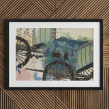 Flower Wagon - Kamisaka Sekka Woodblock Art Print / Canvas Black-framed Artwork Blue Carriage Adorned Greenery Purple Flowers, Momoyogusa,