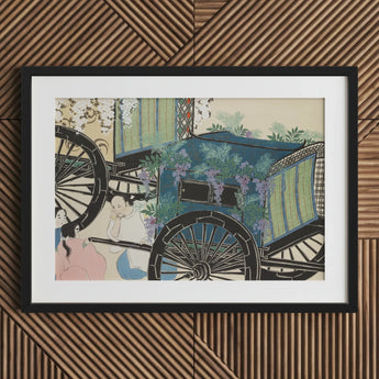 Flower Wagon - Kamisaka Sekka Woodblock Art Print / Canvas Black-framed Artwork Blue Carriage Adorned Greenery Purple Flowers, Momoyogusa,