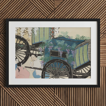 Flower Wagon - Kamisaka Sekka Woodblock Art Print / Canvas Black-framed Artwork Blue Carriage Adorned Greenery Purple Flowers Kamisaka