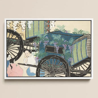 Flower Wagon - Kamisaka Sekka Woodblock Art Print / Canvas Blue Floral Carriage Illustration Framed, Momoyogusa, Meiji-era Gem Blending