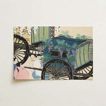 Flower Wagon - Kamisaka Sekka Woodblock Art Print / Canvas Decorative Rectangular Postcard Stylized Illustration Traditional Blue Carriage