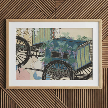 Flower Wagon - Kamisaka Sekka Woodblock Art Print / Canvas Framed Blue Carriage Adorned Purple Flowers Green, Momoyogusa, Meiji-era Gem