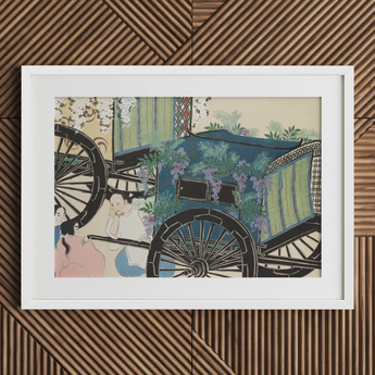 Flower Wagon - Kamisaka Sekka Woodblock Art Print / Canvas Framed Print Traditional Japanese-style Carriage Adorned Lush Greenery Kamisaka