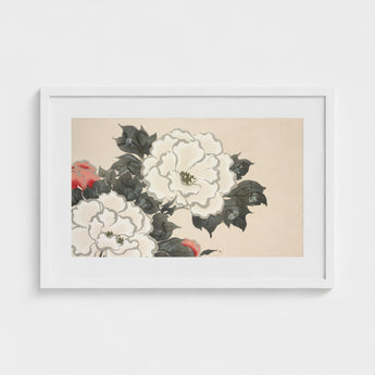 Flowers from Momoyogusa - Kamisaka Sekka Art Print / Canvas Framed Artwork Delicate White Red Peonies Dark Green Sekka’s, Prints