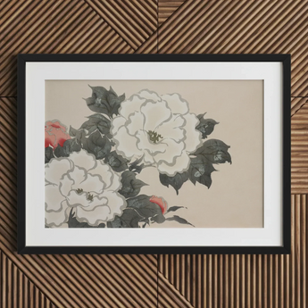 Flowers from Momoyogusa - Kamisaka Sekka Art Print / Canvas Black-framed Artwork Delicate Watercolor Painting White Pink Peonies Kamisaka