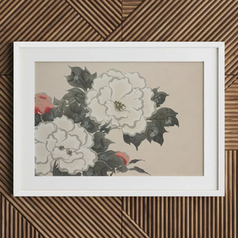 Flowers from Momoyogusa - Kamisaka Sekka Art Print / Canvas Framed Artwork Delicate White Pink Peonies Dark Green Sekka’s, Prints