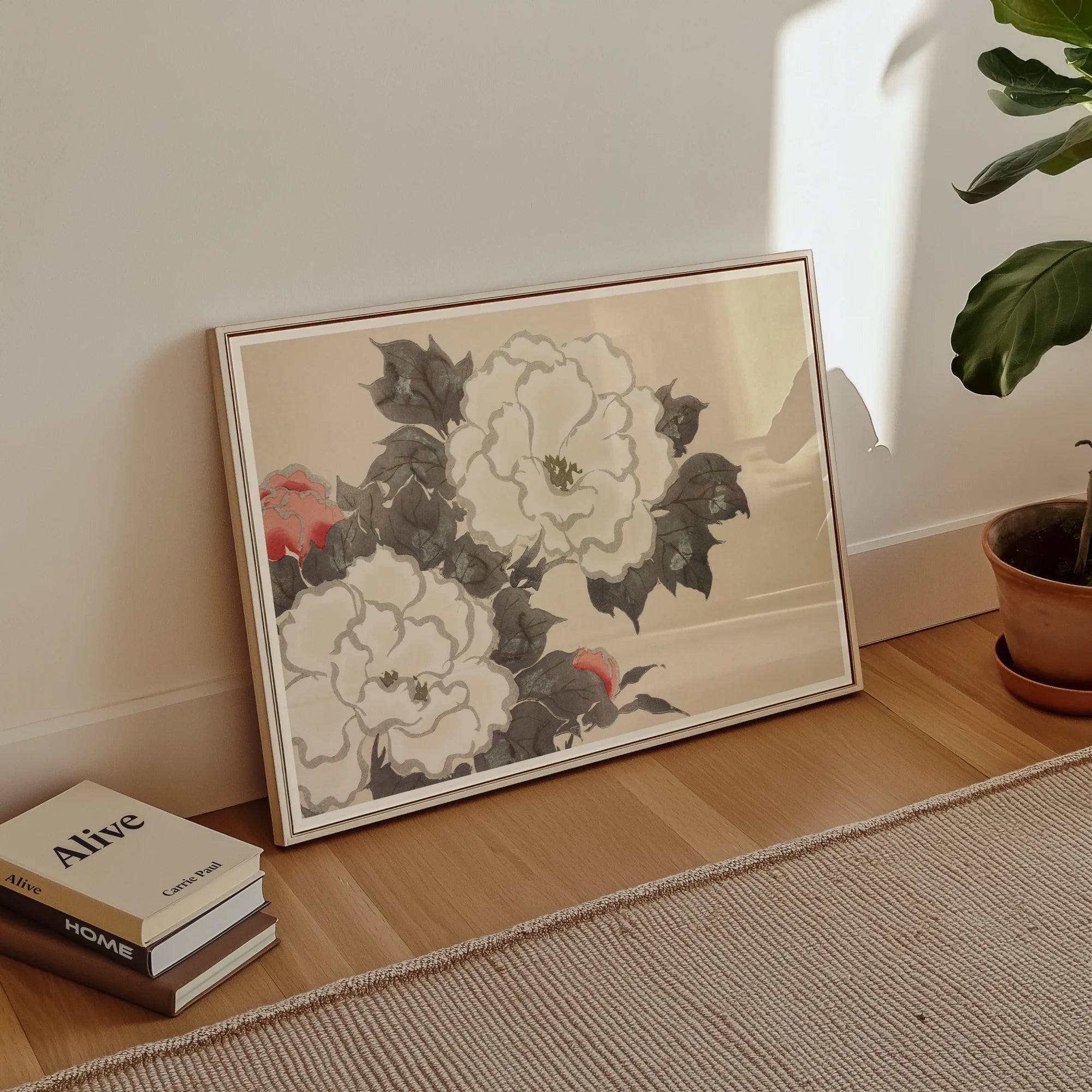 Flowers from Momoyogusa - Kamisaka Sekka Art Print, Framed Artwork Grey White Flowers Touches Red