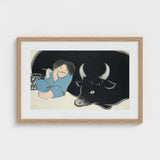 Flute Player and Ox - Kamisaka Sekka Art Print / Canvas Framed Artwork Child Blue Attire Black Bull White, Ink-dark Silhouette, Prints
