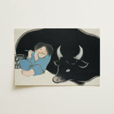 Flute Player and Ox - Kamisaka Sekka Art Print / Canvas Soft Watercolor Illustration Child Blue Pajamas Black Cow, Ink-dark Silhouette,