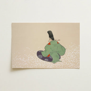 Flute Player - Kamisaka Sekka Meiji Period Art Print / Canvas Beige Card Illustration Traditional Japanese Figure Green Purple Kamisaka