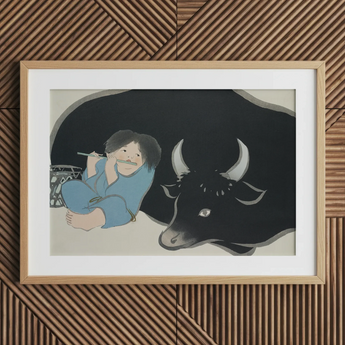 Flute Player and Ox - Stampa artistica di Kamisaka Sekka su tela / 30x20’’ / 76x51cm / Cornice naturale / Passe-partout, Poster, stampe e arte visiva,