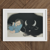 Flute Player and Ox - Stampa artistica di Kamisaka Sekka su tela / 30x20’’ / 76x51cm / Cornice bianca / Passe-partout, Poster, stampe e arte visiva, Toby