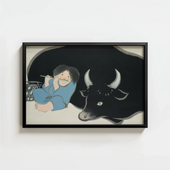 Black-framed Artwork Child Blue Attire Flute Black Bull Kamisaka Sekka Art Print, Ink-dark Silhouette, Player
