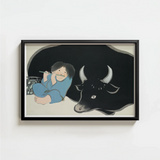 Black-framed Artwork Child Blue Attire Black Bull White Kamisaka Sekka Art Print, Ink-dark Silhouette, Flute Player