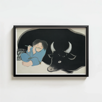 Black-framed Artwork Child Blue Attire Black Bull White Kamisaka Sekka Art Print, Ink-dark Silhouette, Flute Player