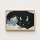 Framed Illustration Child Blue Attire Black Bull White Kamisaka Sekka Art Print, Ink-dark Silhouette, Flute Player