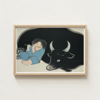 Framed Illustration Child Blue Attire Black Bull White Kamisaka Sekka Art Print, Ink-dark Silhouette, Flute Player