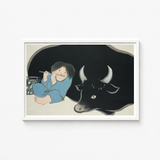 Framed Illustration Child Blue Attire Black Bull Silver Kamisaka Sekka Art Print, Ink-dark Silhouette, Flute Player