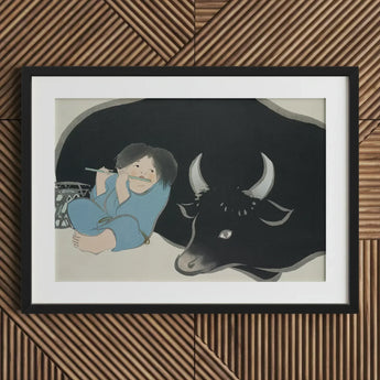 Flute Player and Ox - Kamisaka Sekka Art Print / Canvas Black Bull Painting Horns Dark Eyes Framed White, Ink-dark Silhouette, Prints