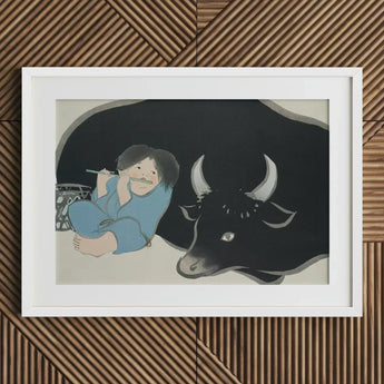 Flute Player and Ox - Kamisaka Sekka Art Print / Canvas Black Bull Statue Curved Horns Dark Eyes Made, Ink-dark Silhouette, Prints