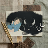 Flute Player and Ox - Kamisaka Sekka Art Print / Canvas Black Silver Illustrated Print Child Blue Robes Flute Kamisaka Sekka Art Print,