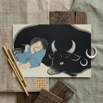 Flute Player and Ox - Kamisaka Sekka Art Print / Canvas Black Silver Illustrated Print Child Blue Robes Flute Kamisaka Sekka Art Print,