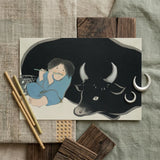 Flute Player and Ox - Kamisaka Sekka Art Print / Canvas Black Silver Illustrated Child Blue Robes, Ink-dark Silhouette, Prints