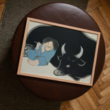Flute Player and Ox - Kamisaka Sekka Art Print / Canvas Framed Illustration Child Blue Attire Black Bull White, Ink-dark Silhouette, Prints